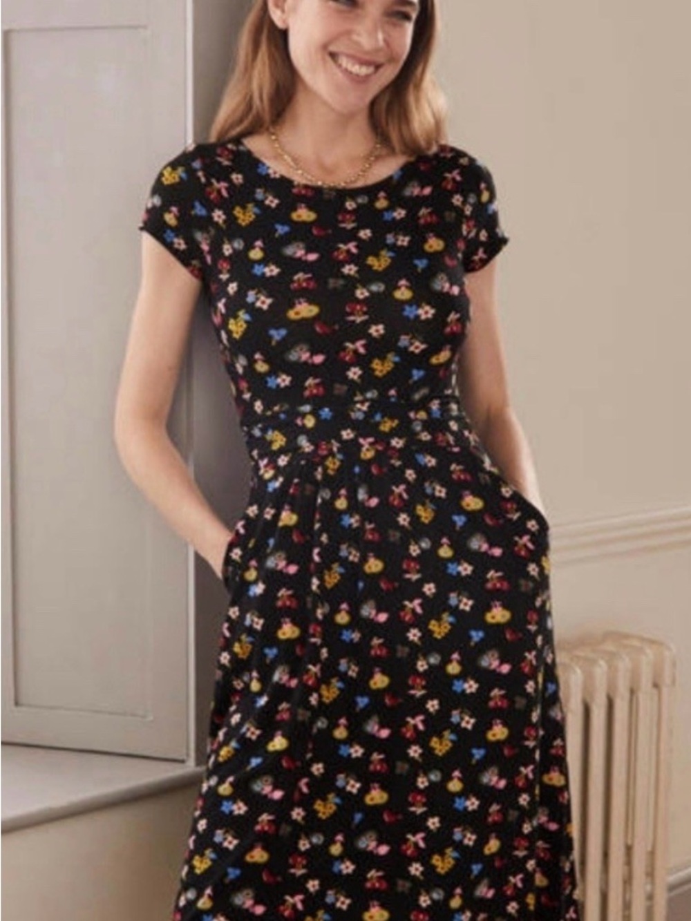 Boden Black Midi Dress with Multi-Color Floral Print Size 6